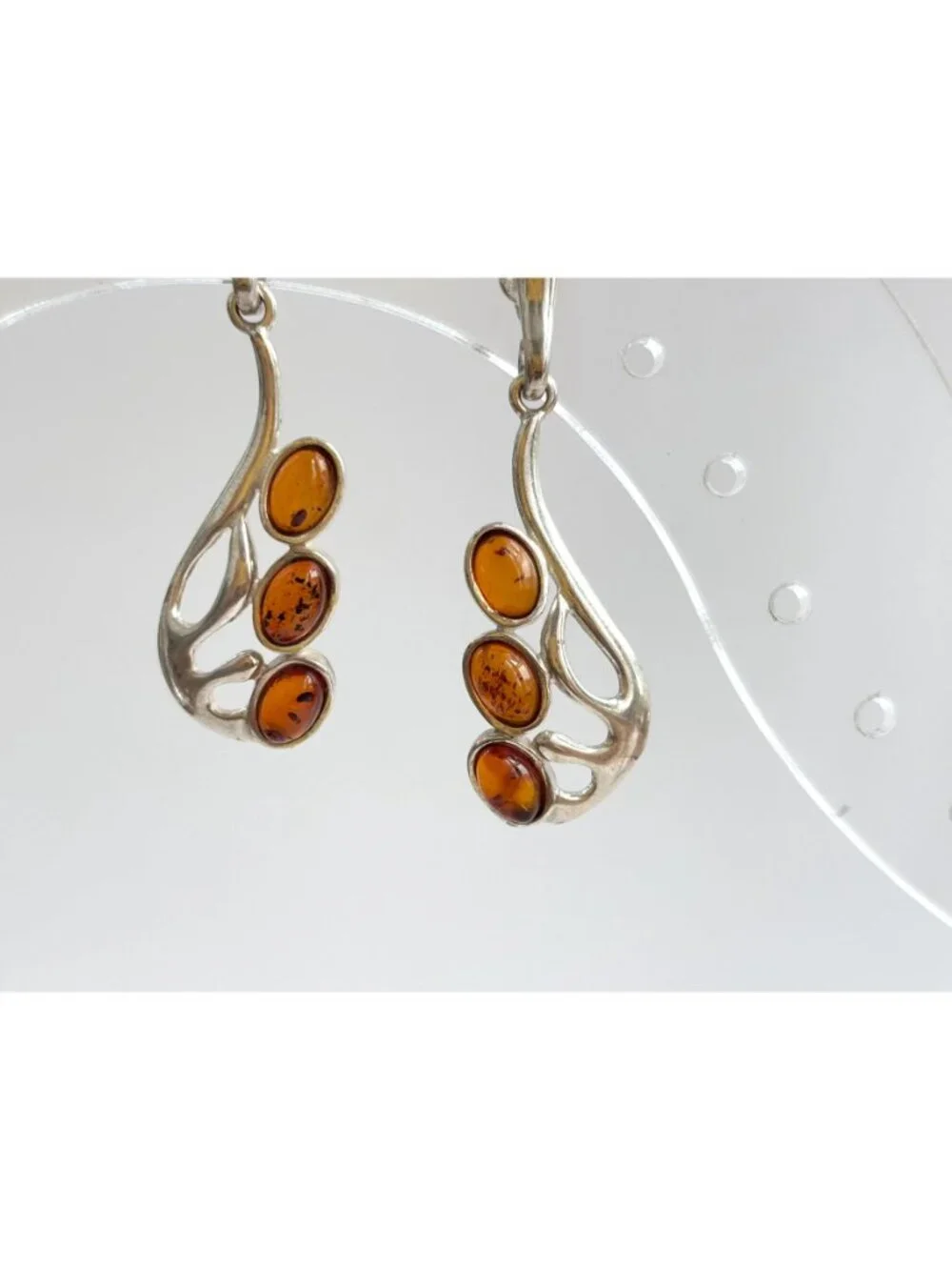 Natural Baltic Amber Accented Modernist Sterling Silver Classic 925 Earrings